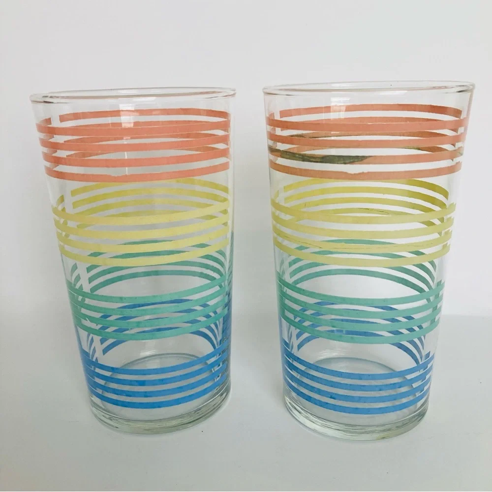Pastel Striped Bands Tumbler Glasses Vintage MacBeth Evans? Petalware 4 1/2